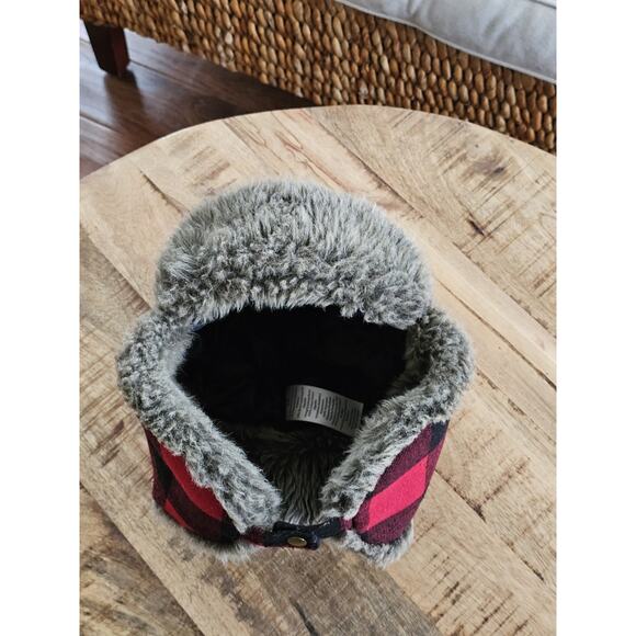 EDDIE BAUER Wool Blend Hadlock Trapper Hat~ Red Checkered / Faux Fur~Size S/M - Picture 9 of 9